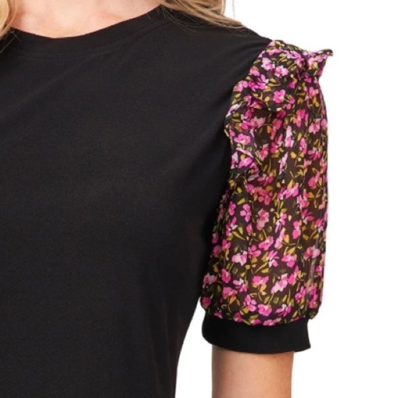 CECE Womens Black Styling Floral Short Sleeve Crew Neck Short Shift Dress Medium - Picture 2 of 4